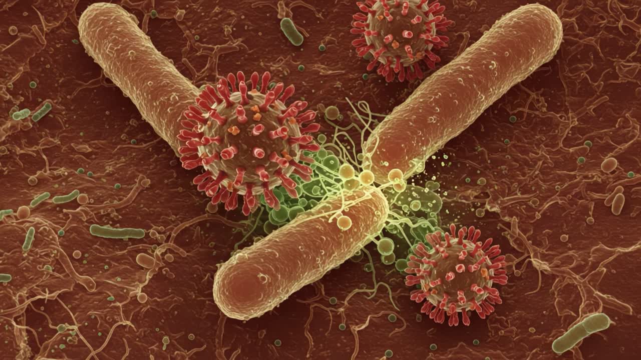 Microscopic Interaction: A Detailed Look at Bacterial Structures and Their Interaction with Viral Particles Under High Magnification