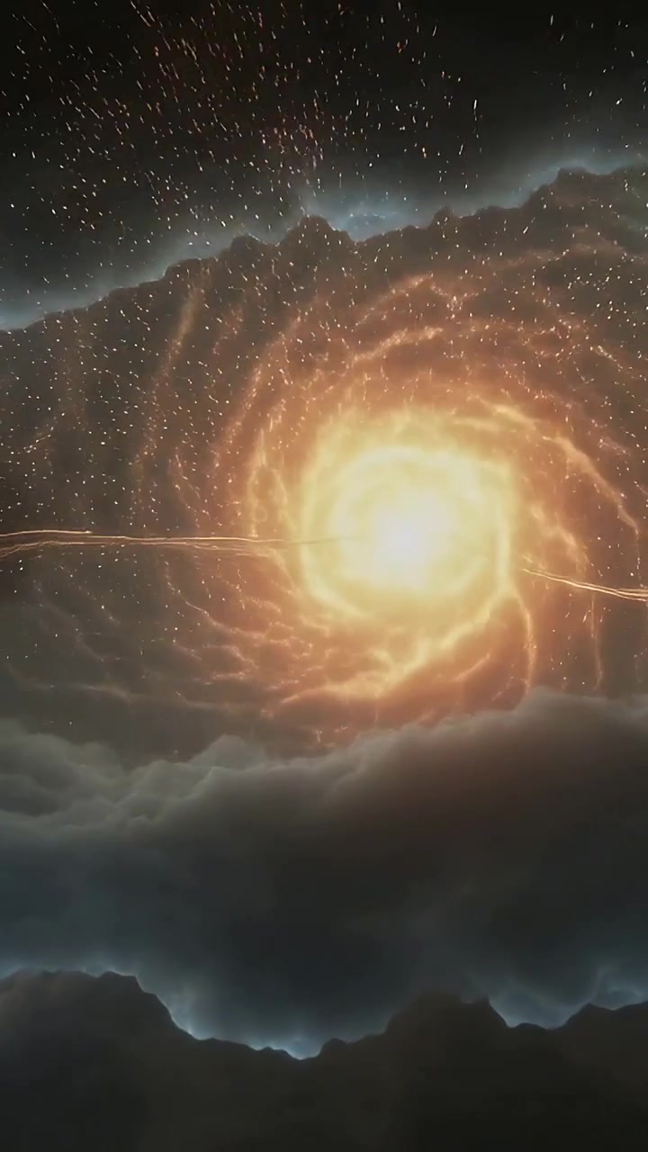 Vertical video: Flaring plasma orb bursting then forming rotating vortex in cloud rim, with sparks