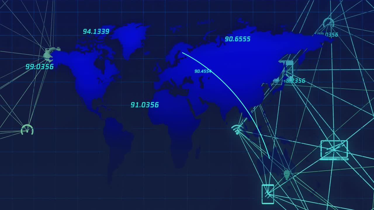 세계 지도를 통해 아이콘과 데이터 처리에 대한 연결의 애니메이션