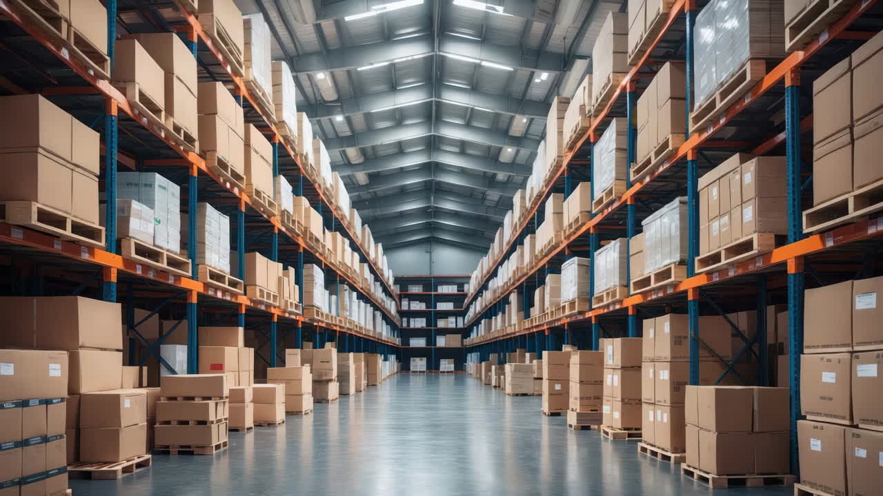 Large Warehouse with Cardboard Boxes on Shelves