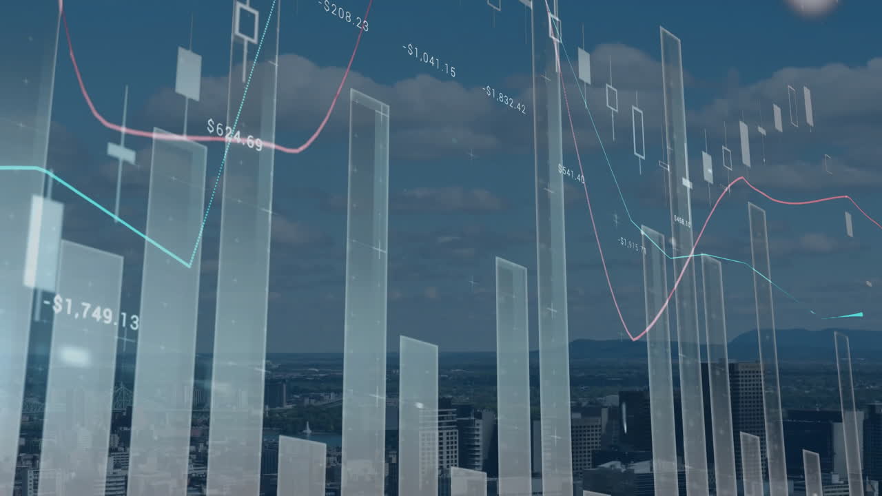 Animation mehrerer Diagramme mit sich ändernden Zahlen über einer Luftaufnahme der Stadt vor bewölktem Himmel.