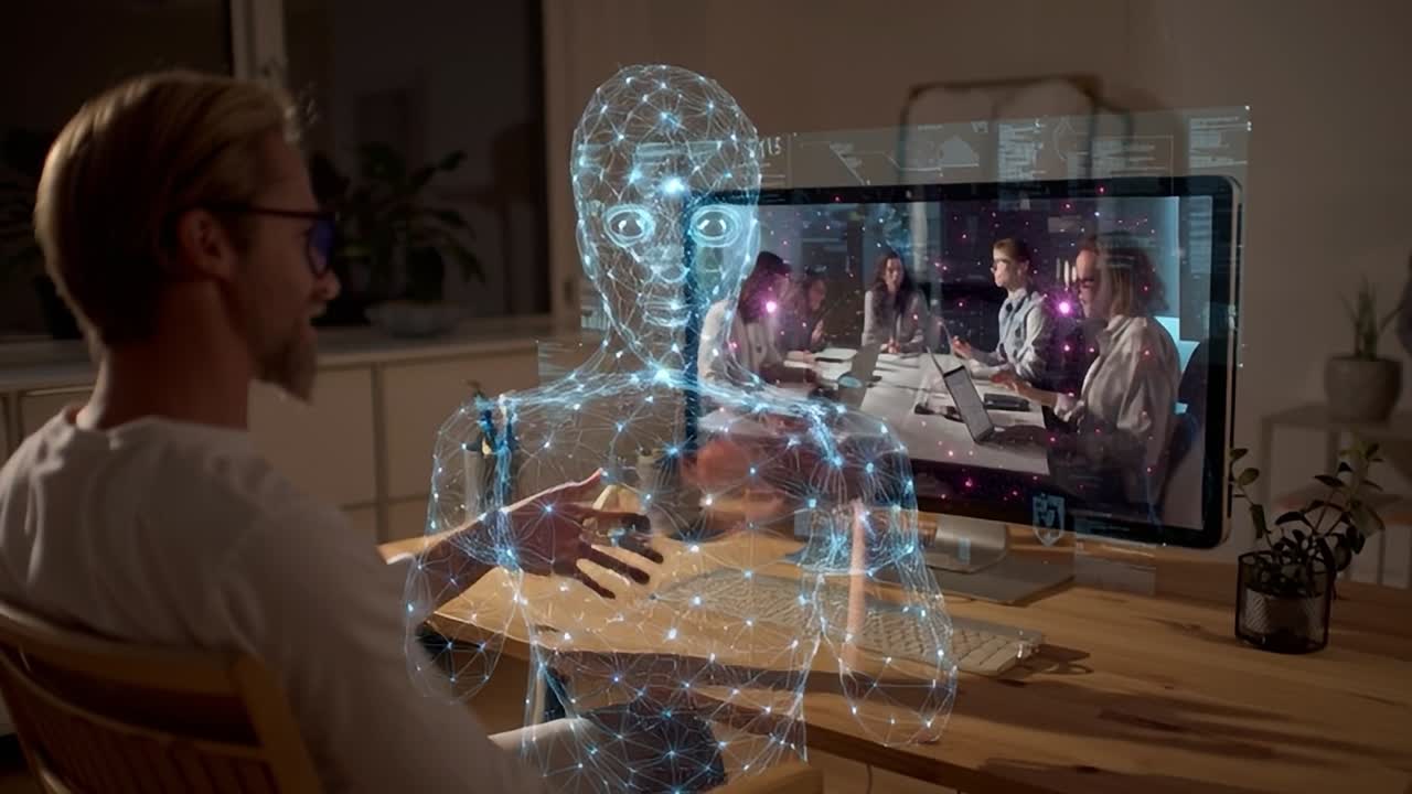 Virtual meeting with holographic participant displayed on screen