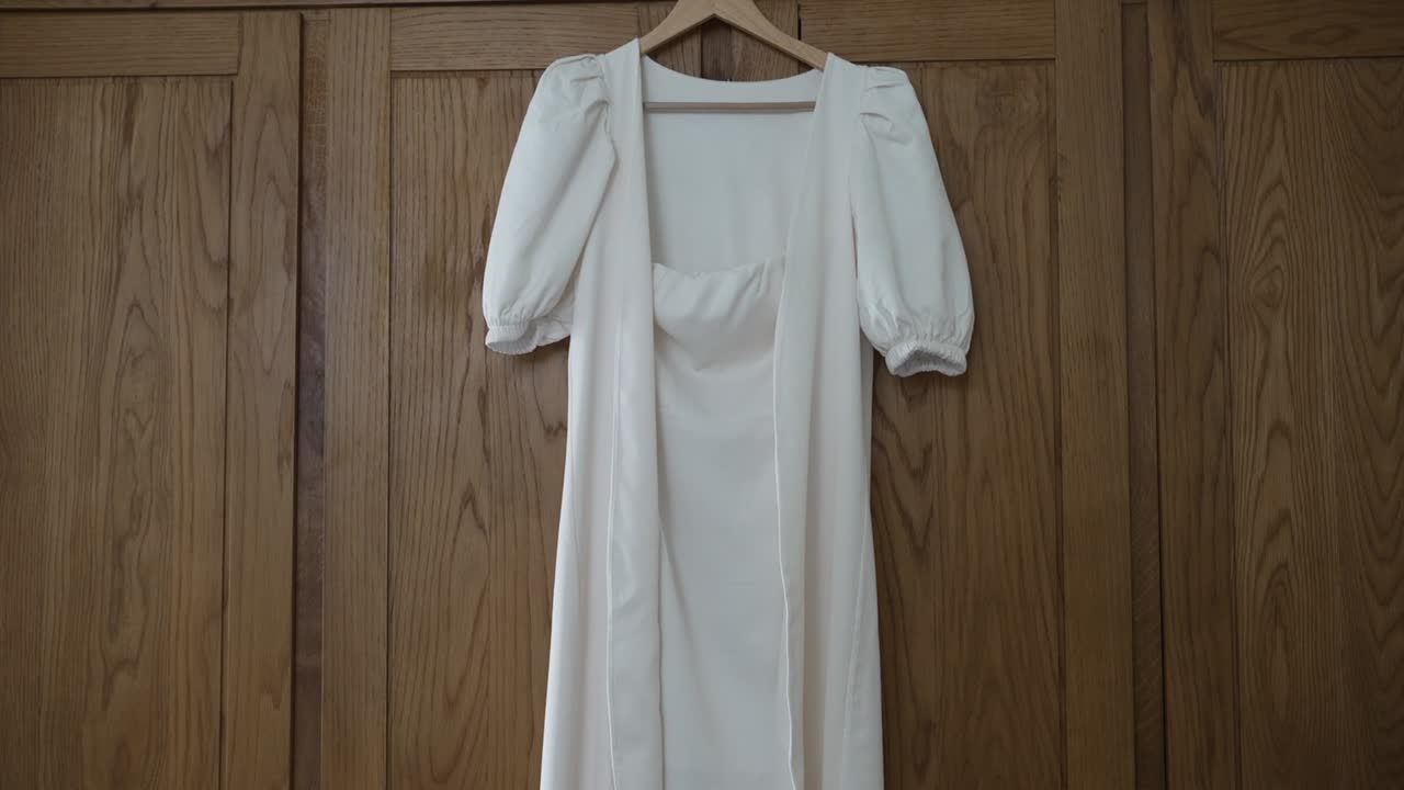 Vestito lungo bianco con maniche corte appeso a un armadio di legno