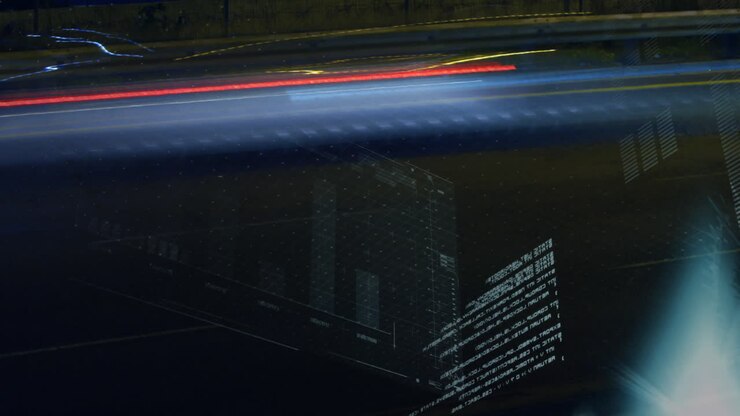 Animation of multiple graphs and computer language moving over light trails at night