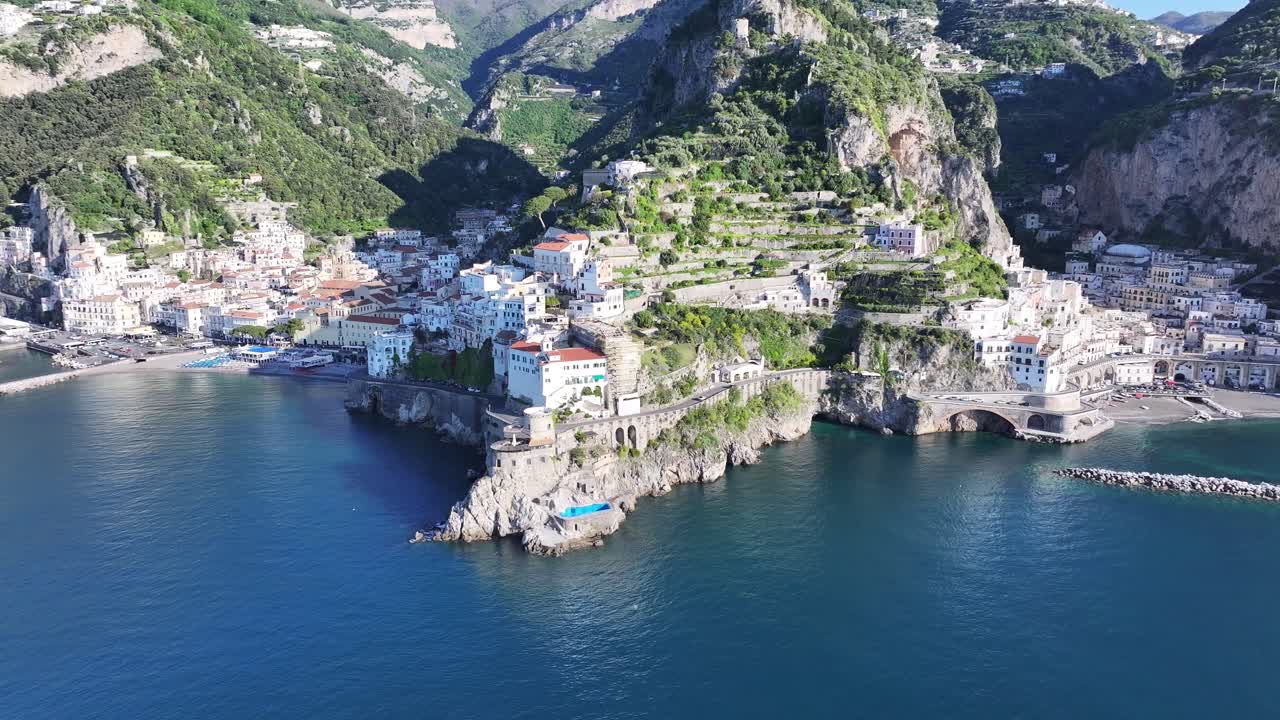 Amalfi Coast At Amalfi In Salerno Italy. Beach Landscape. Giant Cliffs Scene. Amalfi Coast At Salerno Italy. Medieval City Skyline. Gulf Of Salerno Mediterranean Sea. Mediterranean Sea Skyline.