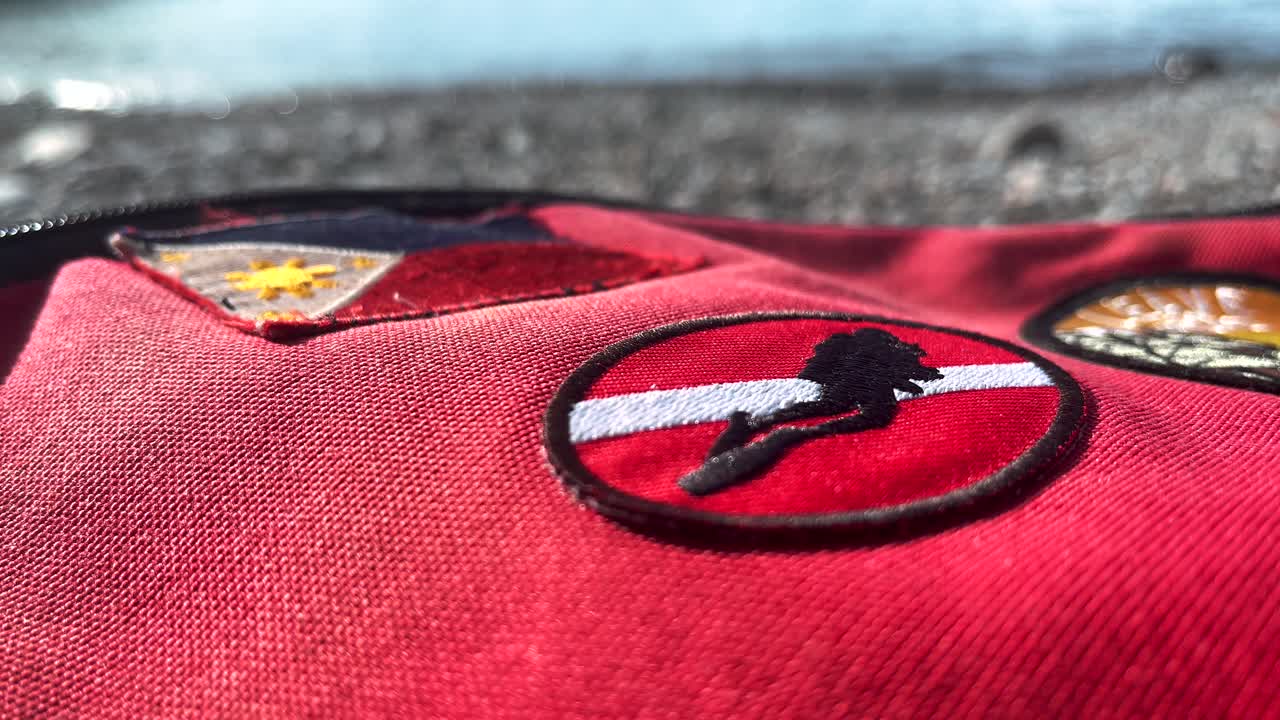 Red Eastpack style Bag With Scuba Diving Flag Patch, Philippines Flag by the seaside