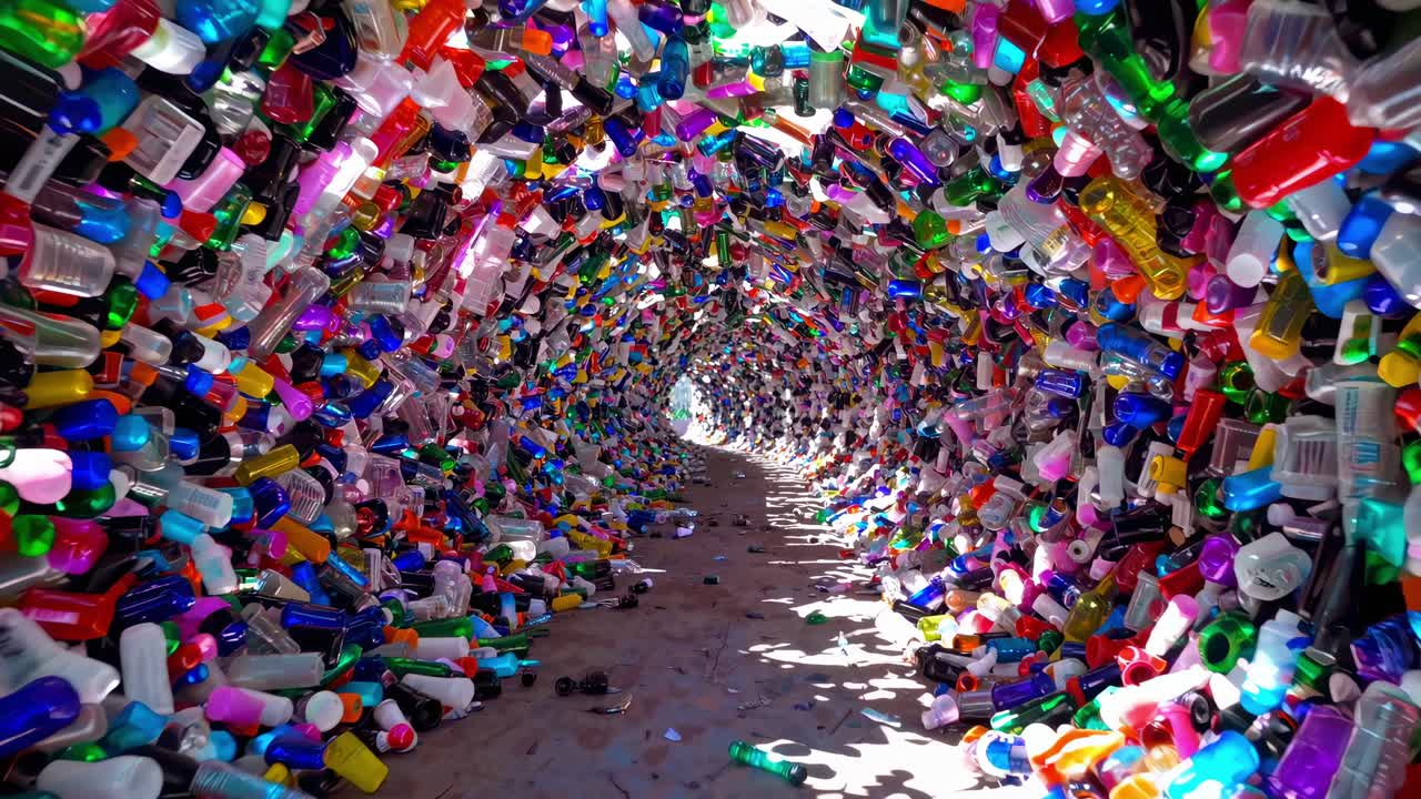 Vibrant tunnel made from plastic bottles showcases a colorful array of materials, creating a captivating visual experience that highlights recycling and environmental awareness