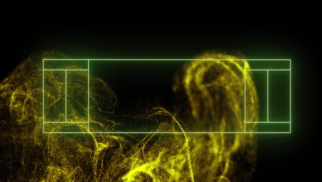 animation of sports court line markings over yellow particle cloud on black background