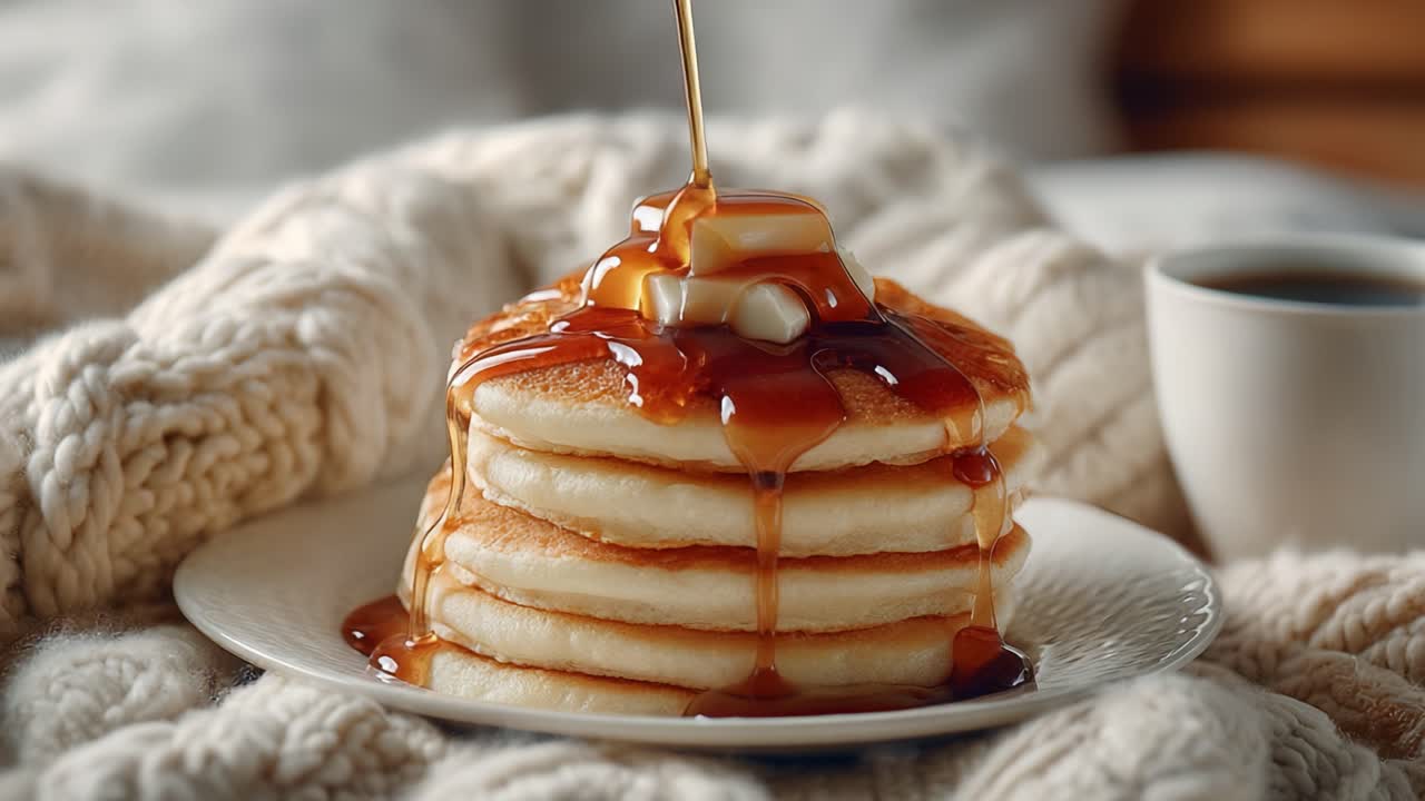 Deliciously Stacked Pancakes Drizzled with Maple Syrup, Topped with Butter and Perfectly Presented in a Cozy Setting Alongside a Warm Cup of Coffee