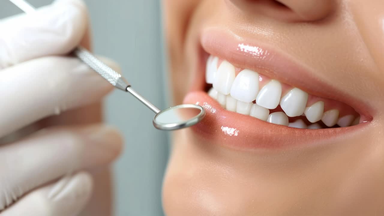 Close-up video angle of a dentist's gloved hand holding a dental mirror near a smiling patient's
