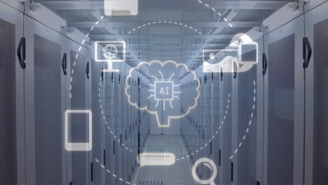 animation of ai data processing and icons over computer servers