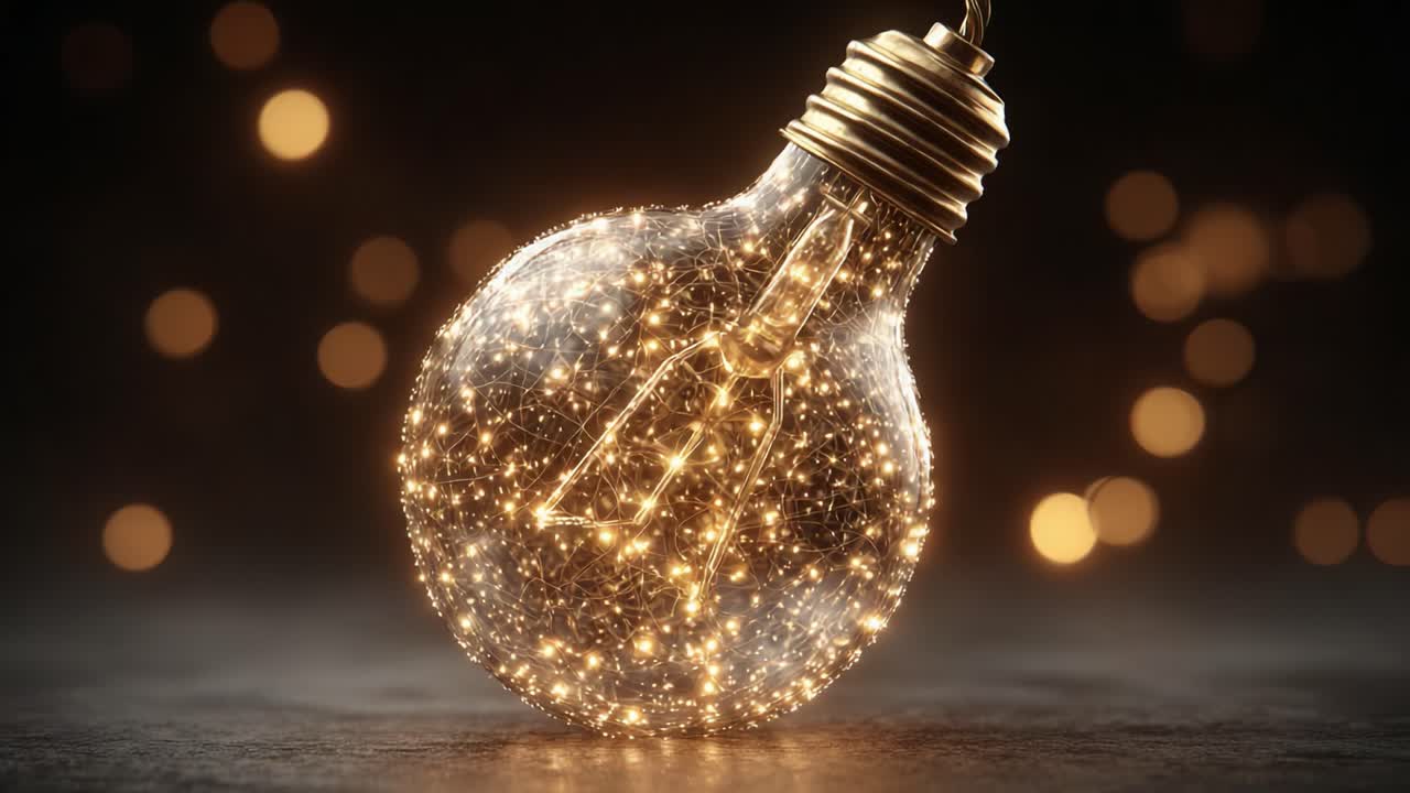 A Stunning Visual Transition of an Illuminated Light Bulb, Capturing the Sparkling Glow and Mysterious Depths Within the Glass, From Radiance to Enigma