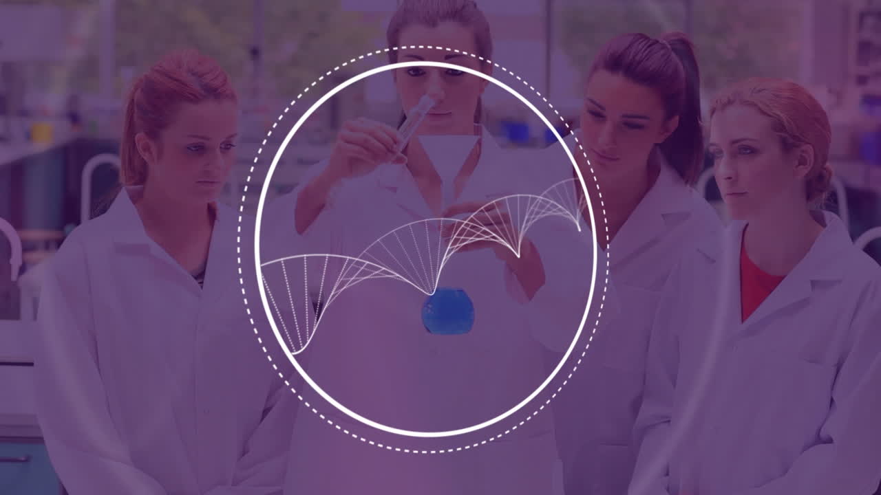 animação de cadeia de dna girando sobre cientistas em laboratório