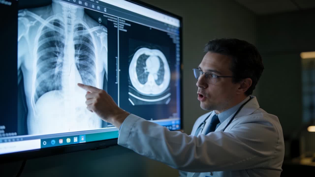 Medico in camice bianco che indica e spiega una radiografia del torace e una TC su monitor, con stetoscopio e spazio per il testo.