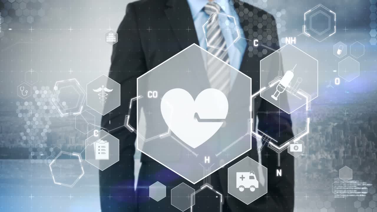 의료 아이콘과 화학 공식의 애니메이션과 데이터 처리 비즈니스맨