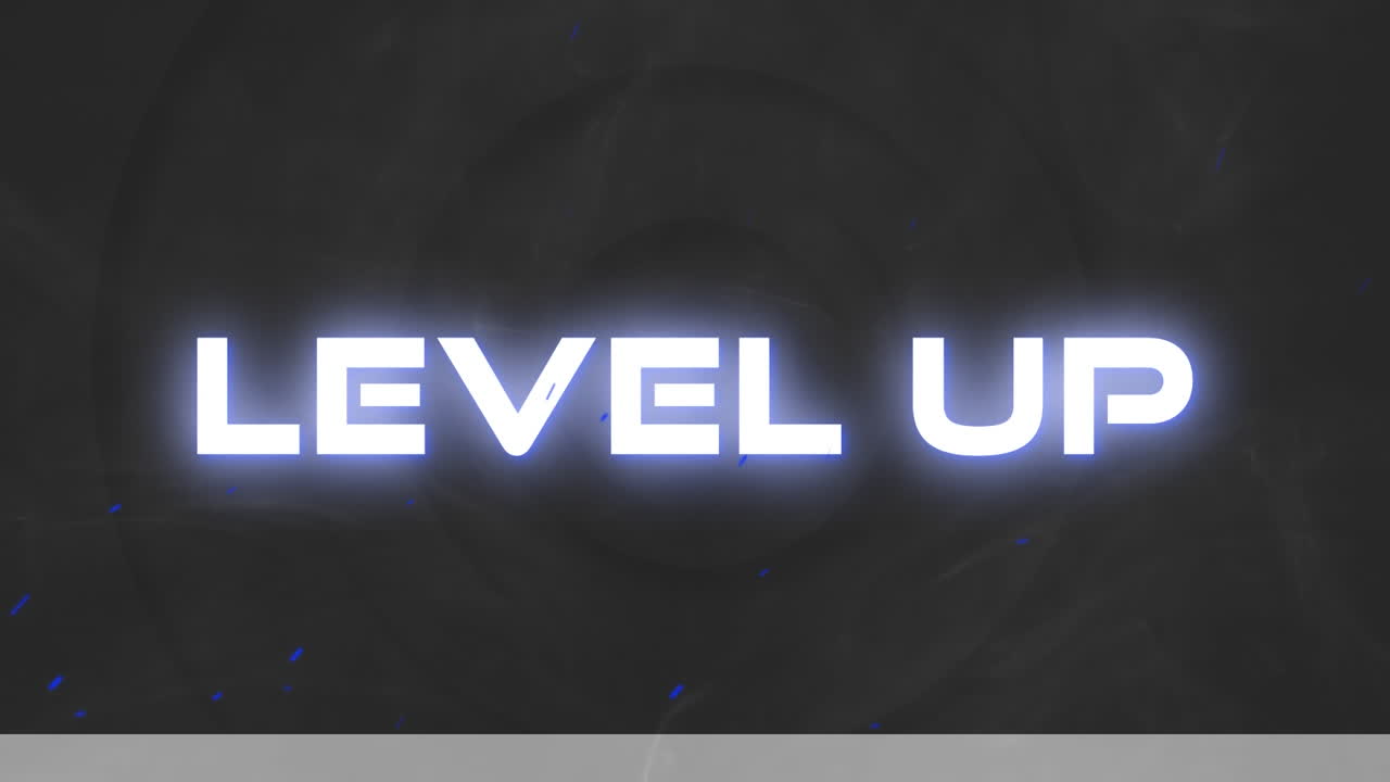 원 위의 레벨 업 텍스트의 애니메이션 박동 회색 배경