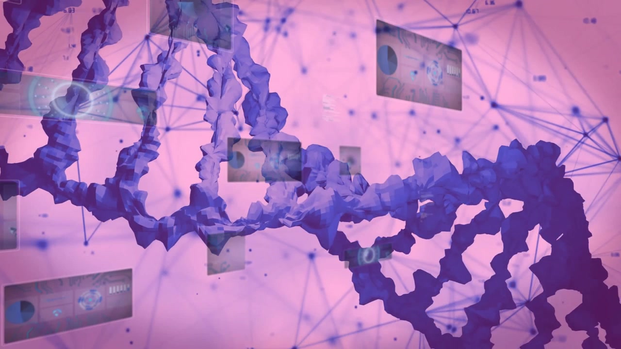 Com a conexão dos nós, hélice de DNA roxa renderizada em 3D girando, painéis de dados deslizantes para visualização.
