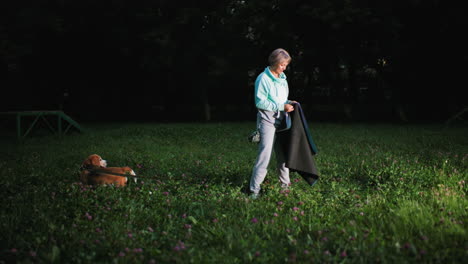 evening street light shining on grassy field where trainer spreads cloth on ground as pet dog eagerly rushes toward it creating playful training moment surrounded by nature and illuminated by light