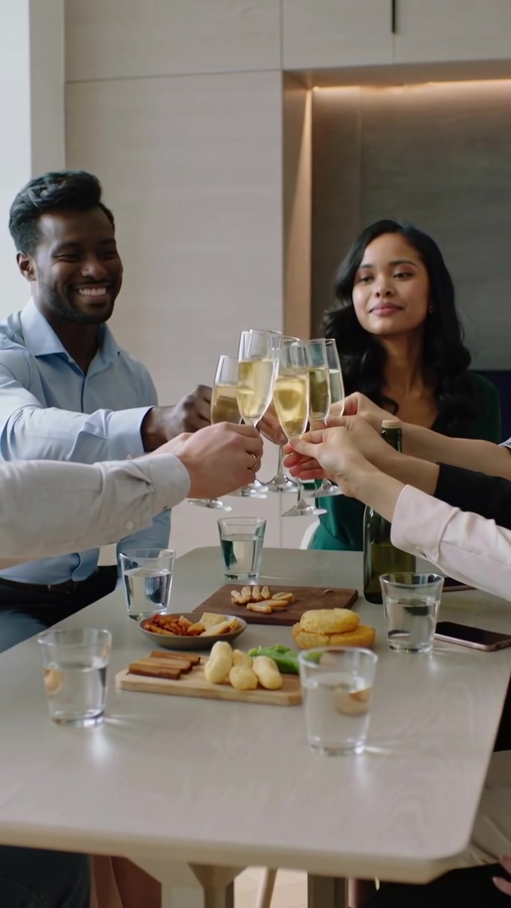 Vertical video: Raising woman in green blouse leading clinking cheers in modern kitchen with flutes