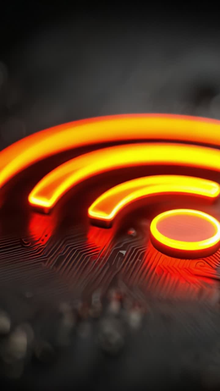 Icona del segnale Wi-Fi illuminata su circuito stampato con una straordinaria luce arancione: una prospettiva ravvicinata della connettività digitale e della tecnologia moderna