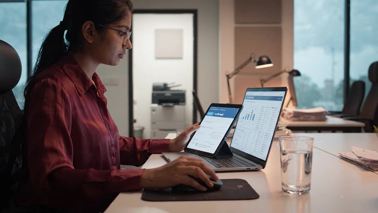 Focused Professional Analyzing Data Over Multiple Devices in a Modern Office Setting During the Daytime, Showcasing Productivity and Efficiency in Work.