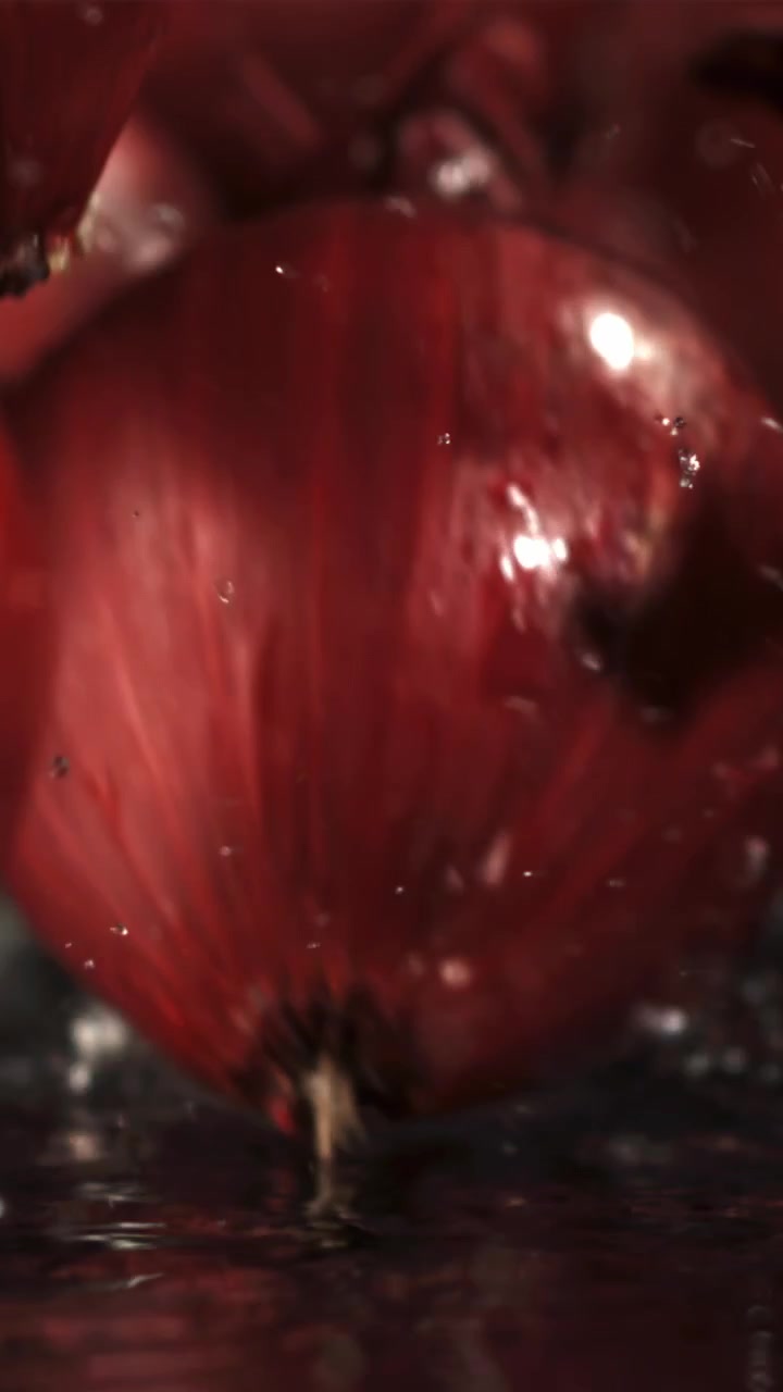 Fresh Red Onions Splashing into Water in Slow Motion
