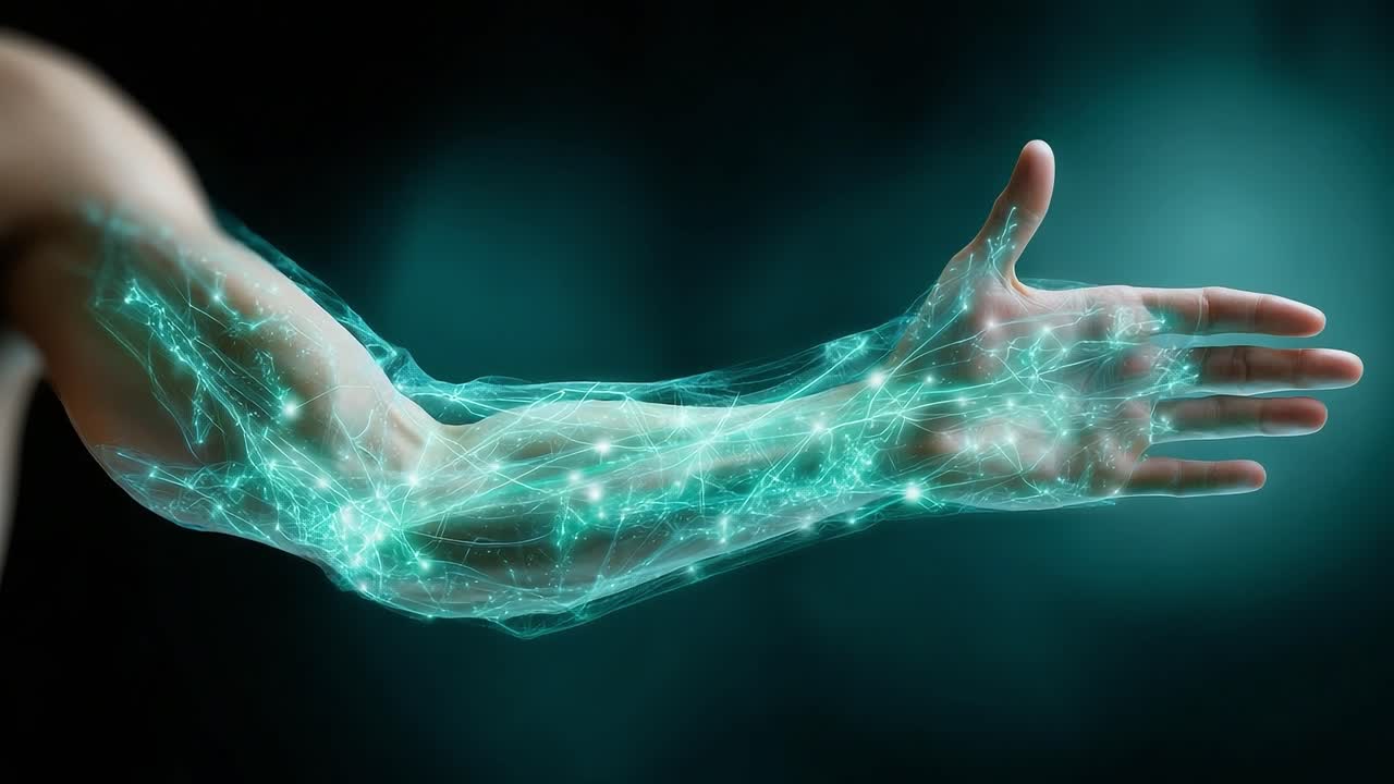 Translucent Arm with Glowing Connections: A Futuristic Visualization of Human Anatomy Merging with Technology, Showcasing the Intersection of Biological and Digital Realms