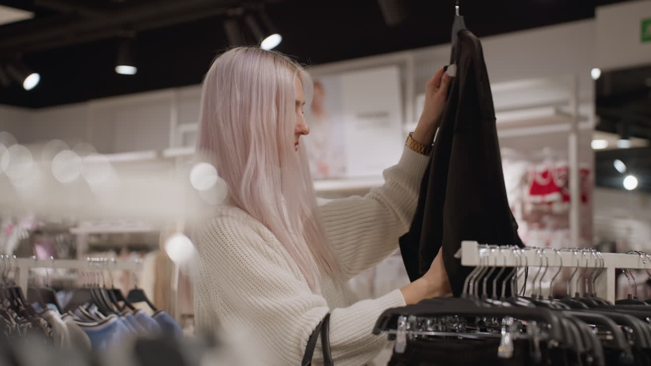 Young elegant customer in white knit sweater browsing black joggers rack in bright boutique, removing one jogger from hanger to examine fit and fabric texture with focus and grace under warm lighting
