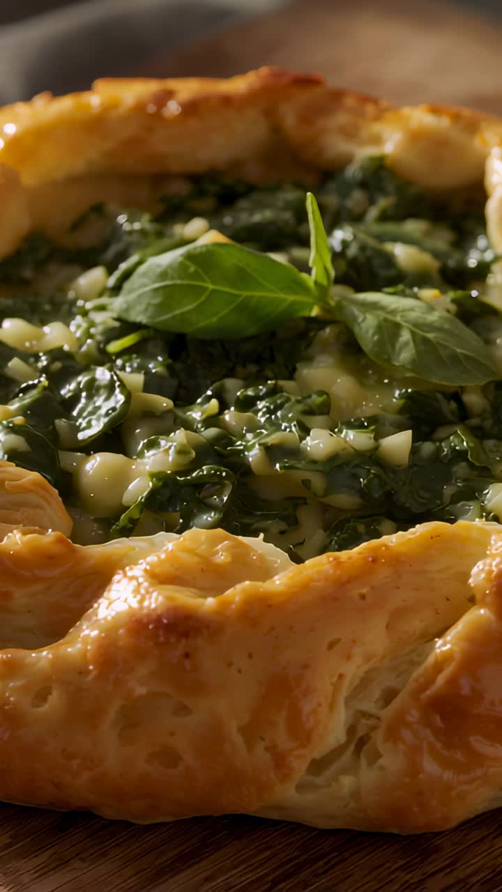 Video verticale: spostamento della centratura della telecamera sulla galette di spinaci e formaggio sulla teglia, mostrando il basilico
