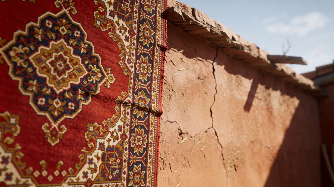 La telecamera si allontana da un tappeto rosso appeso, rivelando una parete di adobe illuminata dal sole, con ombre mutevoli che mostrano la scena.