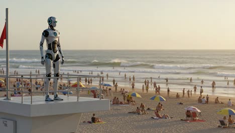 A Futuristic Lifeguard Robot Oversees a Busy Beach Scene, Balancing Technology and Leisure in a Serene Coastal Setting with Families Enjoying the Sun and Surf