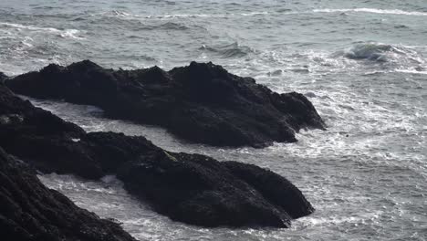 ocean waves crashing against rugged black rocks