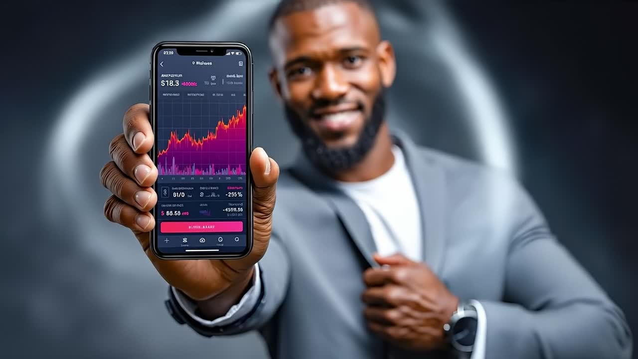 A man in a suit holding up a smart phone with a stock market chart on the screen