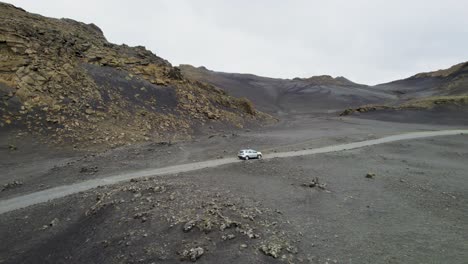 SUV-vehicle-exploring-volcanic-environment-of-Iceland-at-daytime