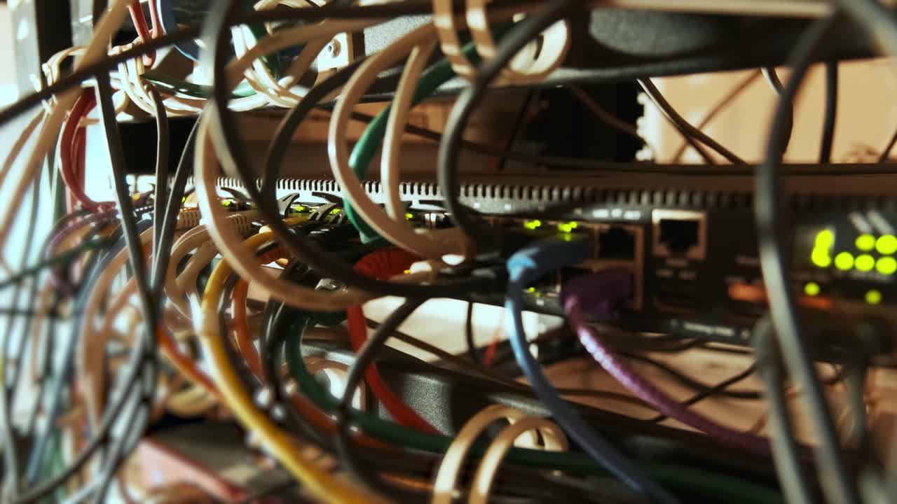 interruptor de red y cable ethernet en el gabinete de rack. tecnología de conexión de red y tiene un estado conducido para mostrar el estado de trabajo. concepto de infraestructura con cables conectados al centro de datos