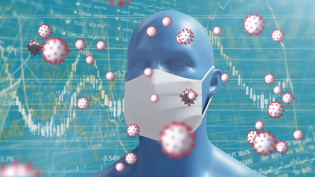 Animation of human face model in face mask over diverse financial data