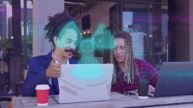 Kollega peger på bærbar skærm, hvilket får et hologram til at skifte farvetone, mens en kollega ser med til teknisk gennemgang.
