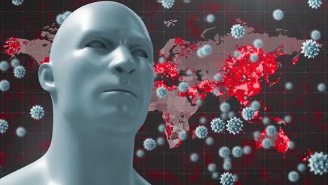 Animation-Eines-Menschlichen-Gesichtsmodells-Und-Viruszellen-über-Einer-Brennenden-Weltkarte
