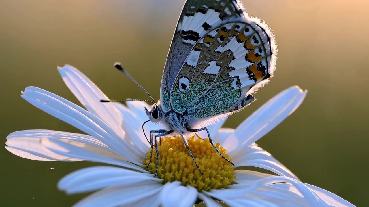 Primo piano di una farfalla che si nutre su un fiore di margherita bianca