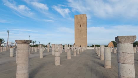 Hassan-Tower-of-Unfinished-Mosque-among-348-Columns-in-Rabat,-Morocco