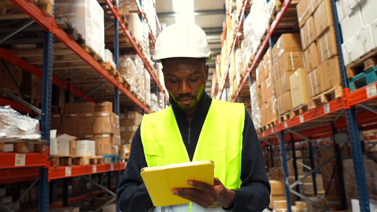 trabajador de almacén comprobando el inventario en la tableta