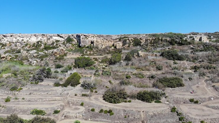 Gozo Ramla bay panorama view of Xaghra , Malta islands aerial landscape view of blue sea on warm summer day