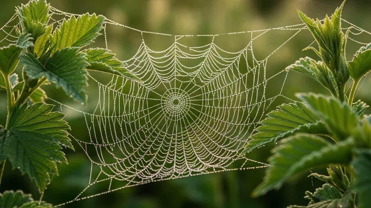 Intricately Crafted Spider Web Adorned with Morning Dew, Suspended Between Lush Green Leaves, Capturing Nature's Unexpected Beauty and Delicate Architecture