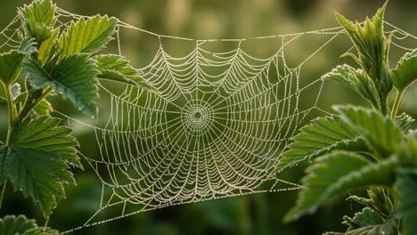 intricately crafted spider web adorned with morning dew, suspended between lush green leaves, capturing nature's unexpected beauty and delicate architecture