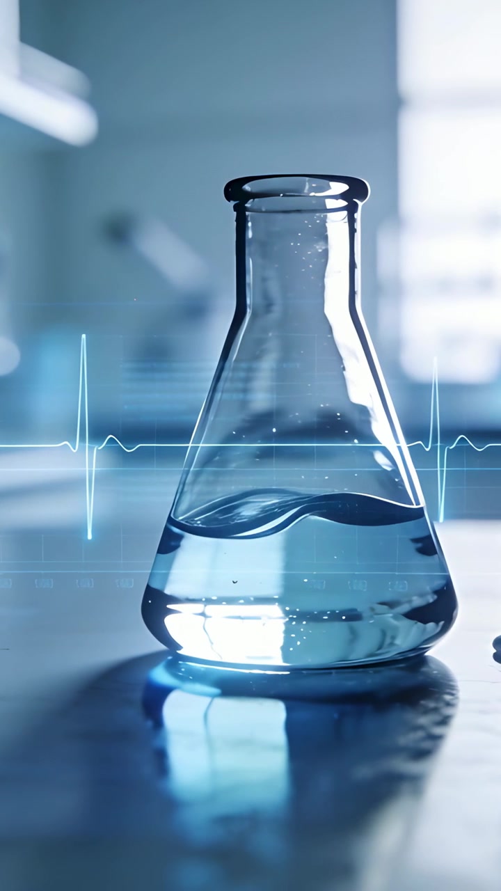Vertical video: Erlenmeyer flask bubbling on lab bench, droplets falling into test tube ECG pulsing