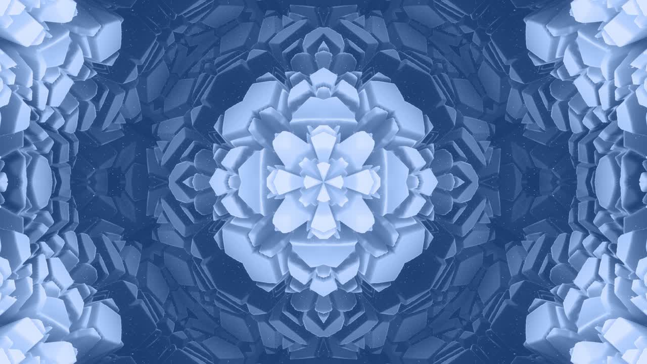 forma abstracta en 3d como una estrella o una flor, estructura simétrica de material de terciopelo azul negro intercalado con pañuelos, formas de cambios cíclicos suaves. fondo mate suave y elegante, animación suave.