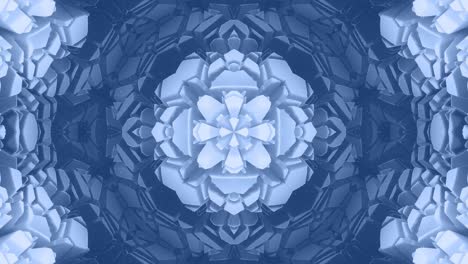 forma abstracta en 3d como una estrella o una flor, estructura simétrica de material de terciopelo azul negro intercalado con pañuelos, formas de cambios cíclicos suaves. fondo mate suave y elegante, animación suave.