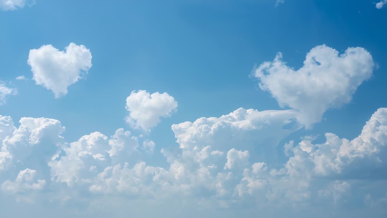 穏やかな風に吹かれ、青空の下の低い土手の上に3つのハート型の積雲が浮かんでいる様子。