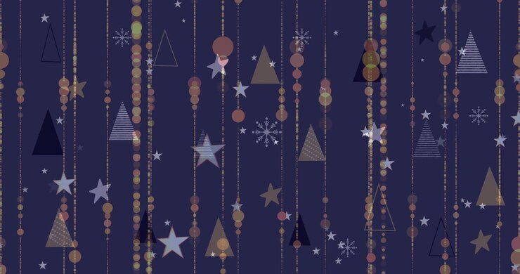 Animation of falling christmas lights over snowflakes and trees on navy background