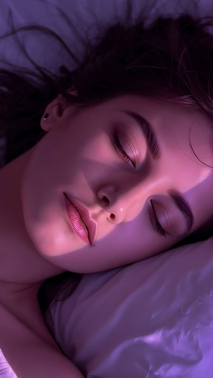 Video verticale: donna addormentata che respira lentamente sul cuscino a letto, con una luce viola che si muove sul viso